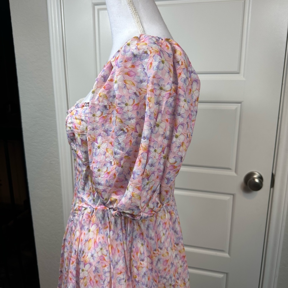 BARDOT Kiah Colorful Floral Cottagecore Corset Puff Sleeve Mini Dress Size Large - Picture 4 of 11